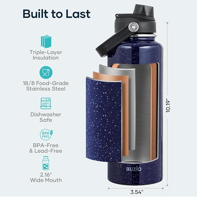 BUZIO Triple Wall Vacuum Water Bottle with Dust-proof Straw & Spout Lids | 40 oz Insulated Stainless Steel Water Flask (Cold for 48 Hrs/Hot for 24 Hrs), Dishwasher Safe, Leakproof, Non-BPA, for Hiking