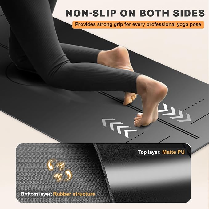 Yoga Mat - Non Slip Natural Rubber Yoga Mat, Alignment Lines, Ultimate Grip | Anti-Tear, Durable & Thick 5mm, Skin-Friendly with Free Carry Strap, Bag, for Yoga, Pilates Fitness and Floor Exercises