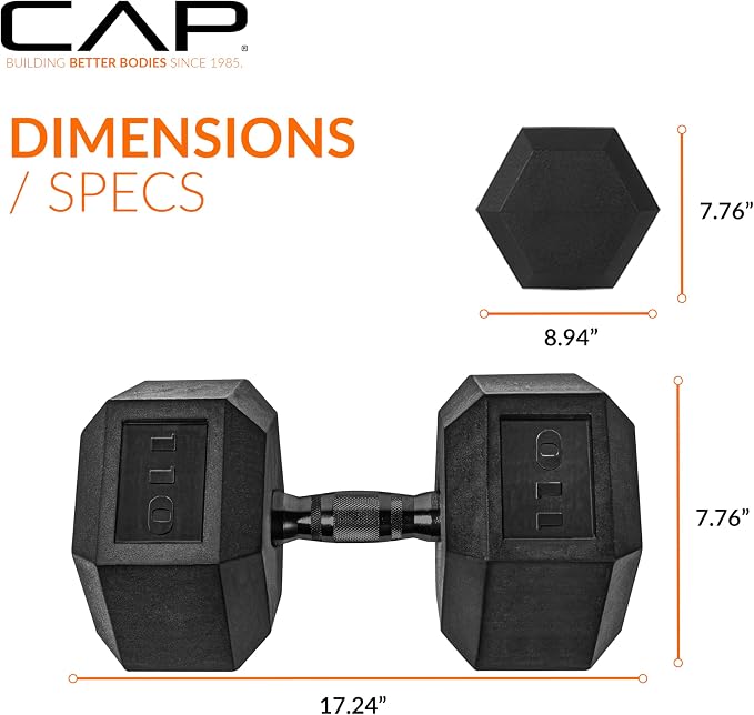 CAP Rubber Coated Dumbbell Weights, Free Weights for Home Gym Strength Training, Anti-Roll Hex Dumbbells with Black, Chrome & Comfort Grip Handles, Singles