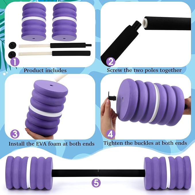 Soulchen Long Aquatic Exercise Dumbbells Pool Exercise Foam Water Weights Dumbbell Aquatic Pool Barbells with High Density EVA Foam for Swim Water Aerobics Workouts Loss