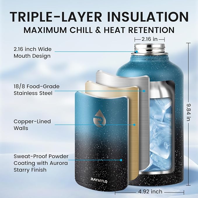 RAYMYLO Insulated Water Bottle 64 oz, Triple Wall Vacuum Stainless Steel | (Cold for 48 Hrs), Leak Proof & Non-BPA, Half Gallon Water Flask Jug with Paracord Handle & Straw Spout Lids