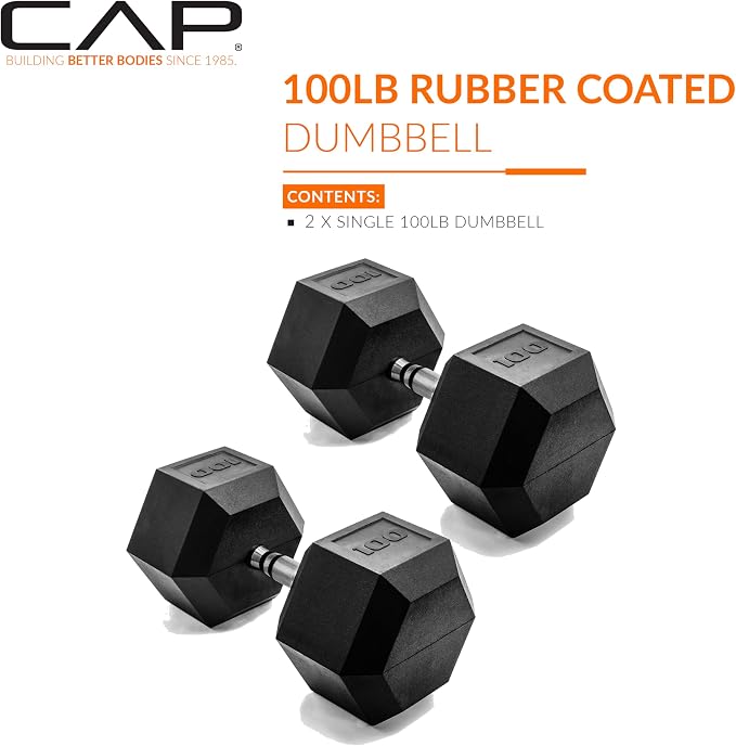 CAP Rubber Coated Dumbbell Weights, Free Weights for Home Gym Strength Training, Anti-Roll Hex Dumbbells with Black, Chrome & Comfort Grip Handles, Pairs & Sets