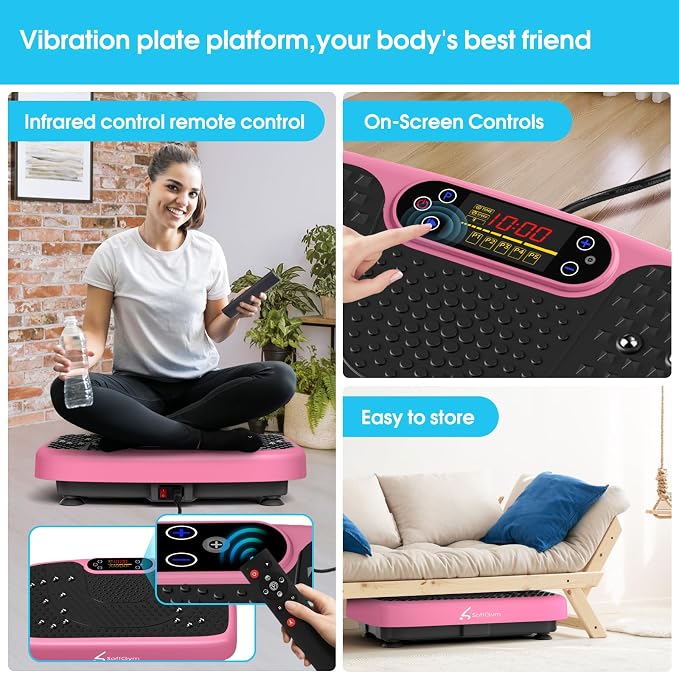 SoftGym Vibration Plate Exercise Machine for Lymphatic Drainage & Fitness | Quiet Heavy Duty 450lbs Capacity Platform, 120 Speeds Shake Machine with Resistance Bands for Home Muscle Activation