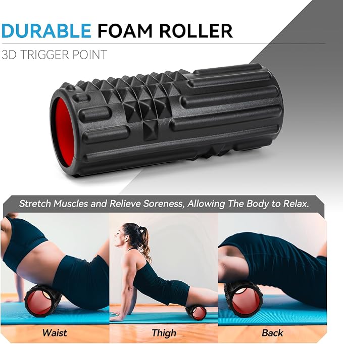 5 in 1 Foam Roller Set, High Density Patented Exercise Roller | Deep Tissue Massage Roller Stick, Massage Ball, Resistance Band for Pilates, Yoga, Whole Body Fitness Exercise, Black