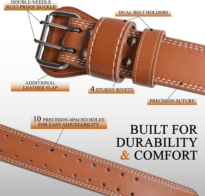Leather Weightlifting Belt, 10 Adjustable Holes, 4”Width, Double Prong Power Belt for Gym Bodybuilding, weightlifting, powerlifting, squats and deadlifts