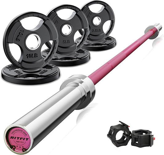 RitFit Barbell Weight Set - 4/6FT Olympic Barbell with Weight Plates (55-115LB Total) - Weightlifting Equipment for Squats, Curls, Deadlifts, Presses, Hip Thrusts