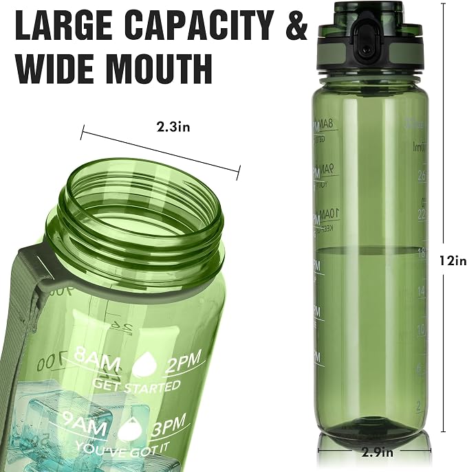 OLDLEY Water Bottle, 32oz Motivational Sports Water Bottle with Time Marker - Times to Drink - Tritan, BPA Free, Wide Mouth Leakproof,Olive