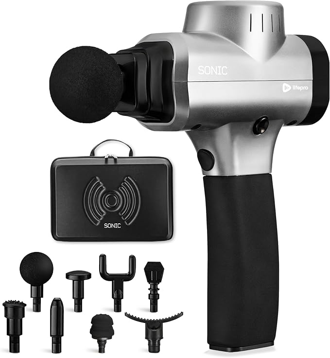 LifePro Sonic Massage Gun Percussion Muscle Massager, 8 Heads & 5 Speeds | Up to 6-Hr Runtime, Deep Tissue Massage Gun for Neck, Back, Calves, Quads, Feet, Trigger Points & Recovery Support