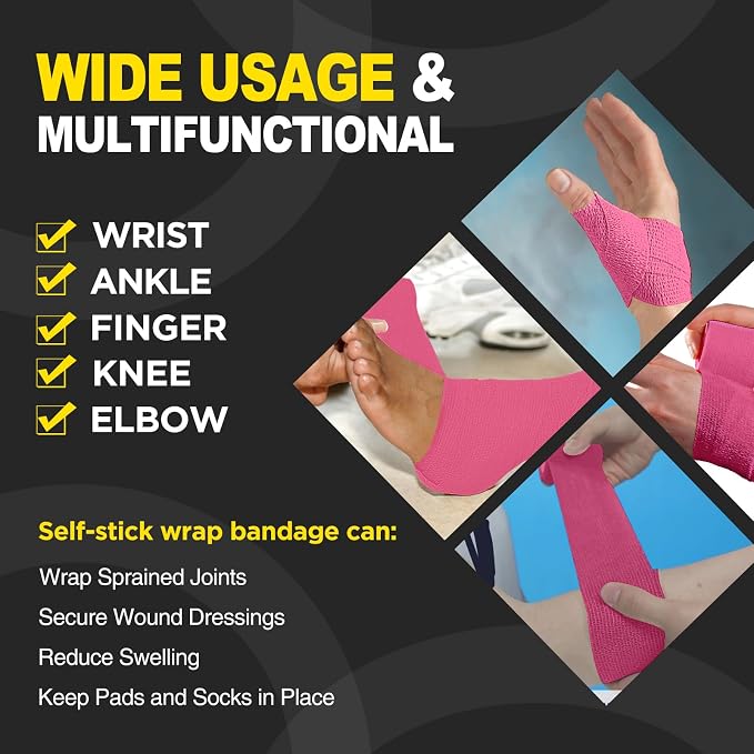 OK TAPE 12 Rolls Self Adhesive Bandage Wrap, Cohesive Elastic Athletic Tape | Vet Wrap, Sports Tape, Medical Wrap for Wrist, Feet, Self Stick Bandage Tape, 2" x 5 Yards - Pink