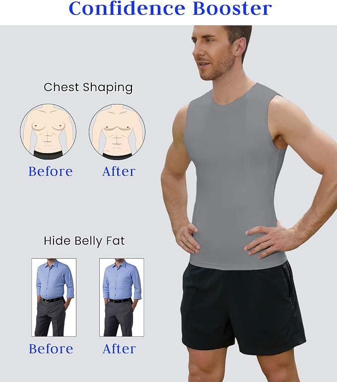 Compression Shirt Men Slimming Body Shaper Vest Crewneck Workout Tank Top | Tummy Control Undershirts, Gynecomastia Compression Shirts, Back Support, Sleeveless Muscle Shirts, Shaping Tank Top