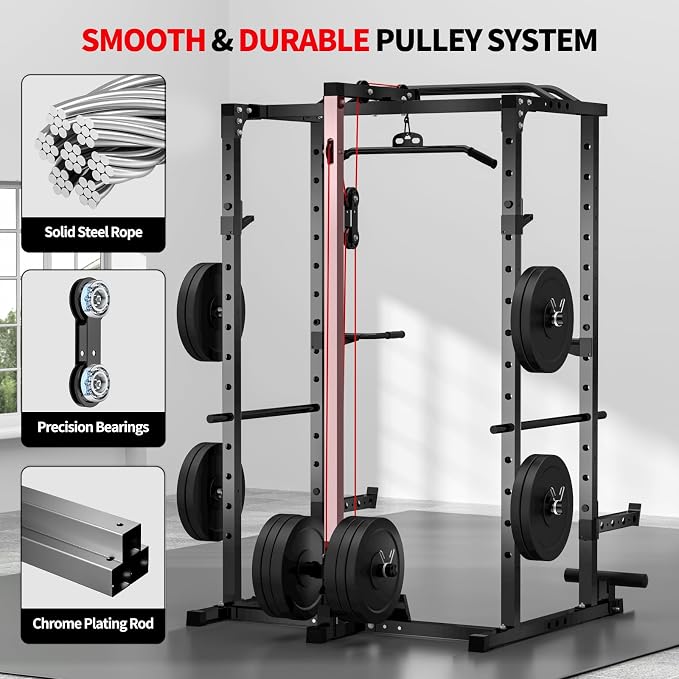 JEEKEE Power Rack with LAT Pulldown, 2000LBS Power Cage with Cable System, Multi-Function Squat Rack with J-Hooks, Safety Bars, Landmine, Pull Up Bar & Attachments for Home Gym Strength Training,Black