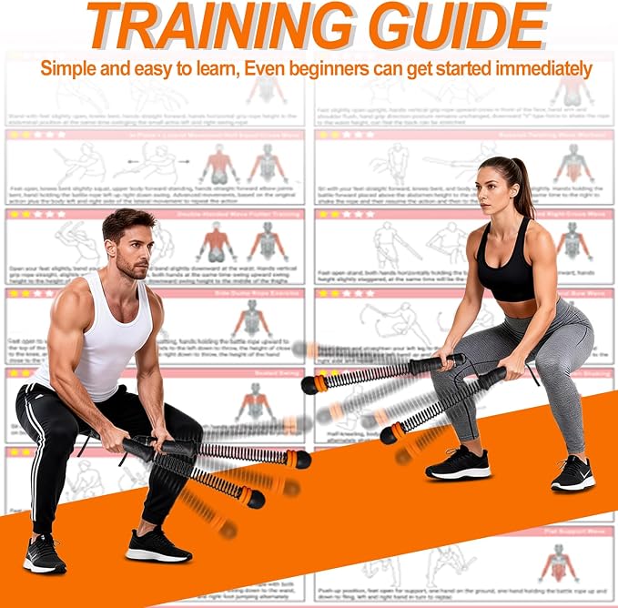 Upgrade Portable Ropeless Battle Ropes - Adjustable Weights Cordless Battle Ropes for Home Gym with Training Poster - Battle Rope Sticks Exercise Equipment for Low-Impact Workout, HIIT & Cardio