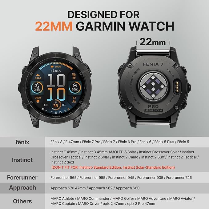 Bandletic Rugged Nylon 22MM Compatible with Garmin Instinct Watch Band | Adjustable,Breathable Quick Fit Strap for Fenix 8 E 47mm/7 6 Pro/5 Plus/Forerunner 965/955/945/Approach S70/S62/S60/Epix Pro