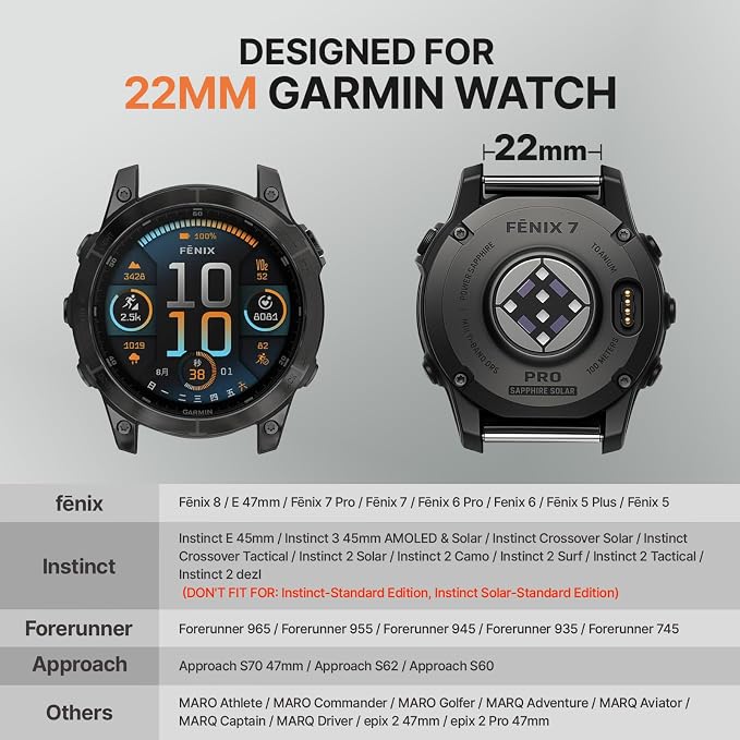 Bandletic Quick Fit 22mm Compatible with Garmin Instinct 3 2 Watch Band | CSPE Rib Bonds Buckle,Durable,Adjustable for Fenix 8 E 47mm/7 6 Pro/5 Plus/Forerunner 965/955/945/Approach S70/S62/S60/Epix