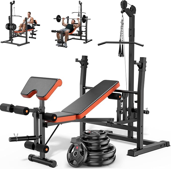 XDDIAS 9-in-1 Olympic Weight Bench Set with Lat Pulldown, Rowing, Squat Rack, Leg Extension/Curl, Preacher Pad, 900LB Adjustable Bench Press for Home Gym Weight Lifting Full-Body Workout
