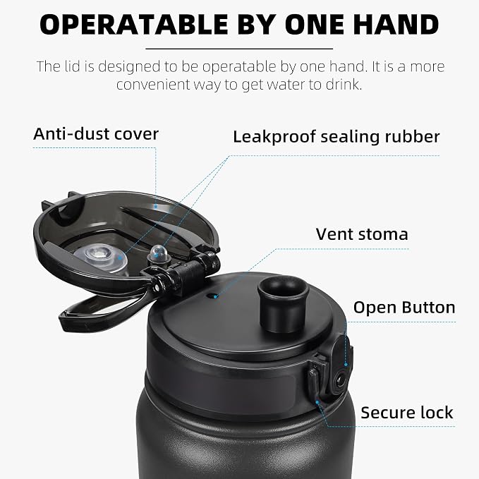 Fanhaw 20 oz Insulated Stainless Steel Water Bottle with Anti-Dust Chug Lid, Leakproof Vacuum Metal Everyday Use Bottle for Kids, Teens & Adults, Back to School Essentials (Black)
