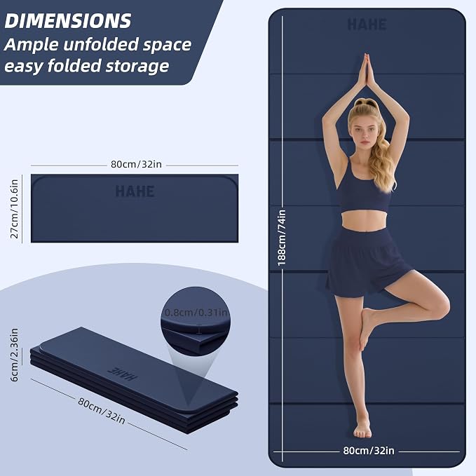 HAHE Foldable Yoga Mat 74"Lx32"Wx1/3"Thick, Folding Exercise Mats | Non-slip Wide Pilates Mats for Home Workout/Travel, Portable Yoga Mat Thick for Yoga/Pilates/Camping/Floor Exercises