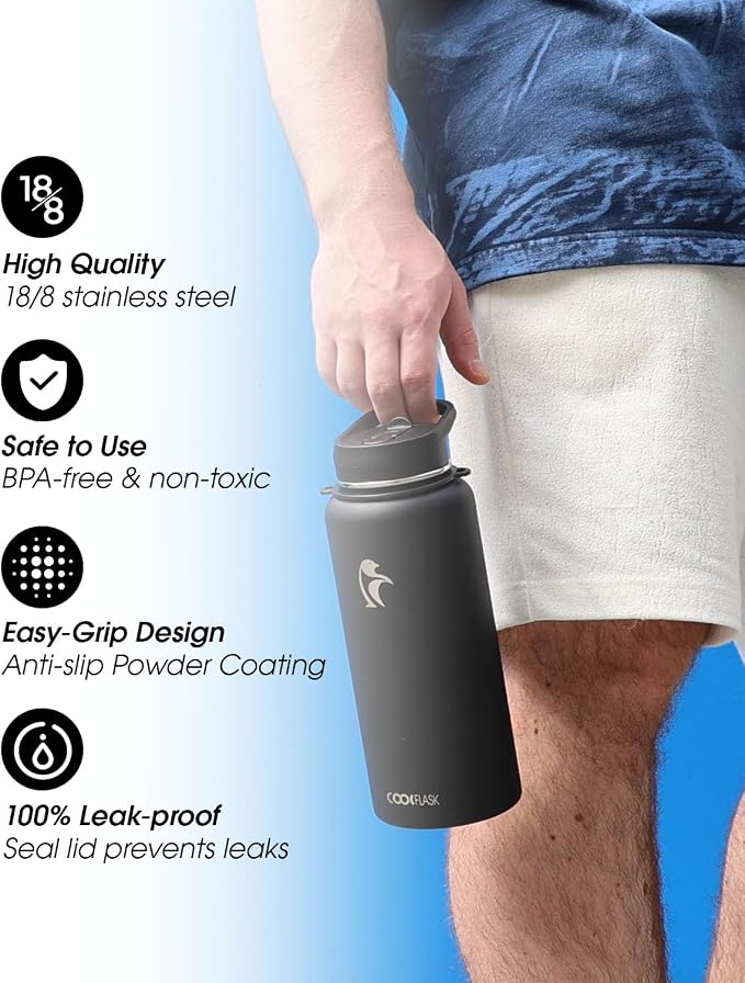 Coolflask 32 oz Water Bottle Insulated Stainless Steel with Strap | Metal Water Flask with Straw & Spout Lids, Triple-Wall, Cold 48+h, Dishwasher Safe, Leakproof, BPA-Free, for Gym & Hiking