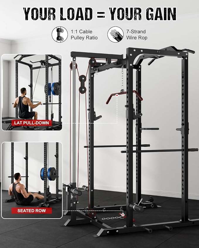 C1-V4 Power Cage, 2000LBS Squat Rack with LAT Pulldown, Multi-Function Weight Cage Strength Training Machine, Workout Cage with More Attachments for Home Gym Garage