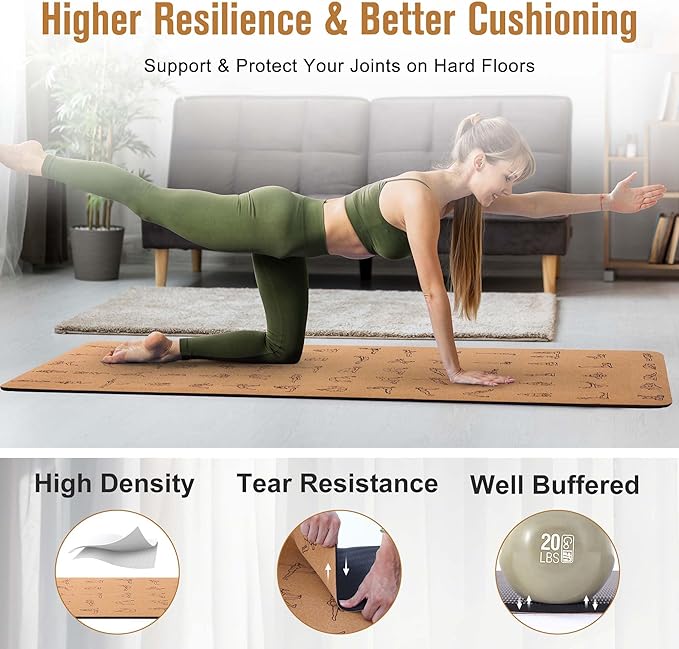 Umineux Cork Yoga Mat 1/4 & 2/5 Inch Thick 72 x 26 in | Thick Cork and TPE Non Slip Yoga Mats for Women Men, Sweat Proof, Sustainable, Great for Hot Yoga & Workouts