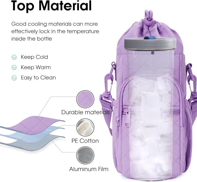 sportsnew 40oz Insulated Crossbody Water Bottle Bag Gym Hiking Phone Pocket | Water-resistant Lining, Padded Strap, Top Handle, Drawstring, Phone Pocket, Elastic Slots, Built-In Key Clip for Gym Walking