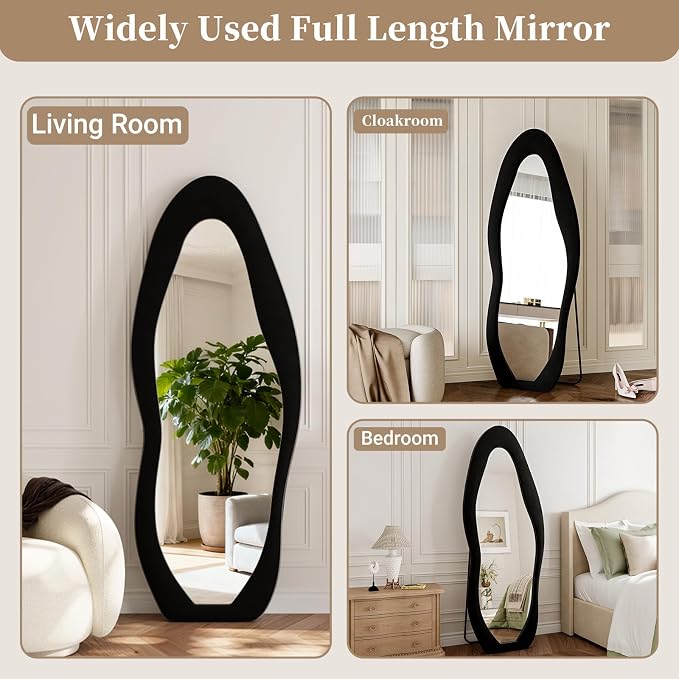 Full Length Mirror, 63"x24" Wavy Full Body Mirror Flannel | Flannel Floor Mirrors with Stand, Irregular Wavy Mirror Hanging or Leaning Against Wall for Bedroom Living Room, Black