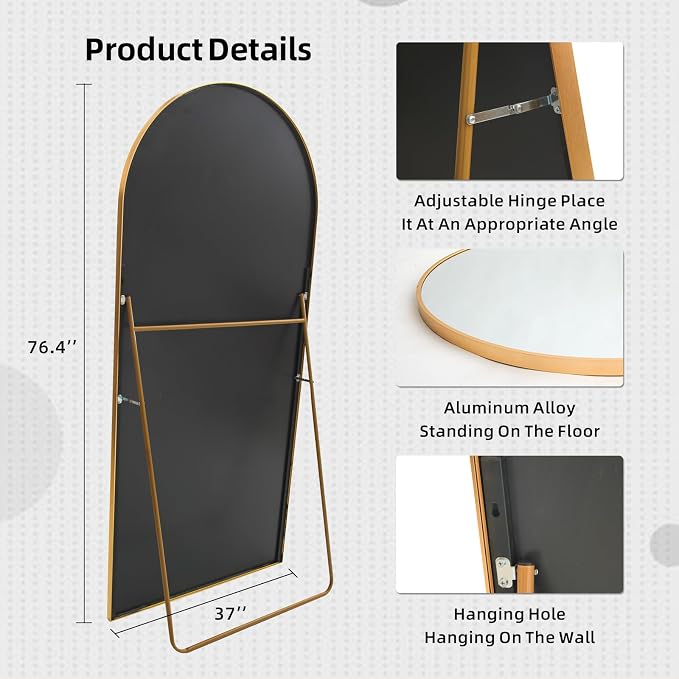 LFT HUIMEI2Y 76.4"x37" Arch Full Length Mirror, Gold Floor Mirror | Tempered Oversized Mirror Full Body with Aluminum Alloy Frame; Standing, Leaning, or Wall Mount for Bedroom, Living Room