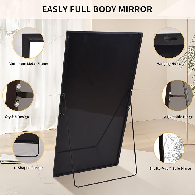 Easly 40"X86" Full Length Mirror with Stand, Black Large Floor Mirror | Rectangular Full Body Mirror for Bedroom, Living Room or Closet, Wall-Mounted or Freestanding, Aluminum Alloy Frame
