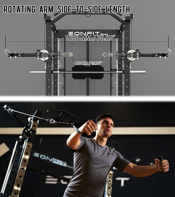 Eonfit E5 Smith Machine with Leg Press for Home Gym | Functional Trainer Power Rack Power Cage With Pivot Arms Lat Cable Crossover Pulley System All In One For Garage Apartment