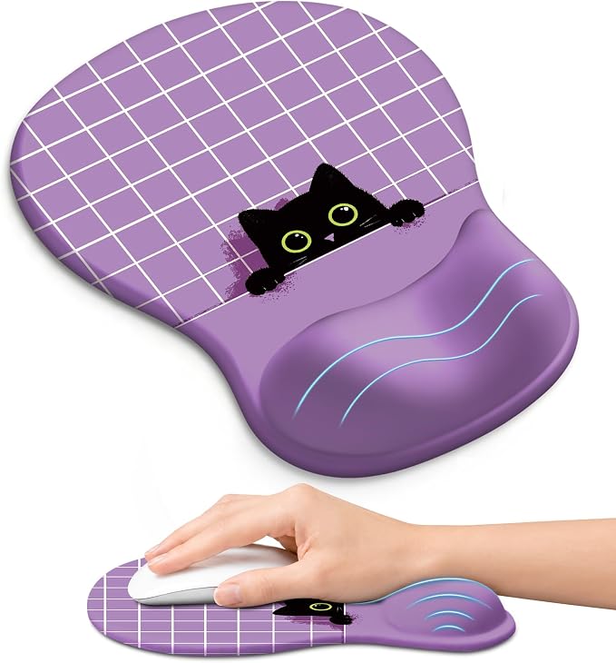 Ergonomic Mouse Pad with Wrist Rest, Gel Wrist Support, Purple Cat | 10.2 x 7.6 in Mouse Pad with Smooth Fabric Surface and Non-Slip Rubber Base for Office, Home, Study, and Gaming