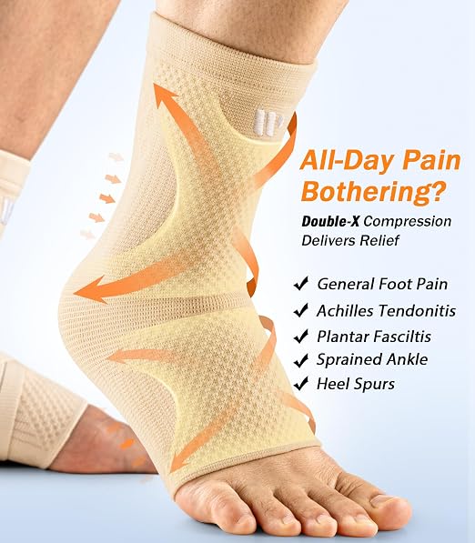 Low-Profile Ankle Braces for Women & Men, Customizable Ankle Compression Sleeve w/Wide Strap, Foot Support Wrap for Plantar Fasciitis Pain Relief, Achilles Tendonitis, Sprain, Beige, 1 Pair, L