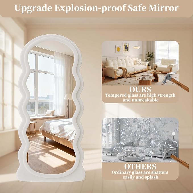 Full Length Mirror, 63"x24" Full Body Mirror with Stand | Full Body Mirror with Stand, Flannel Floor Mirrror Bedroom and Living Room, Wall Mirror Hanging or Leaning, Beige