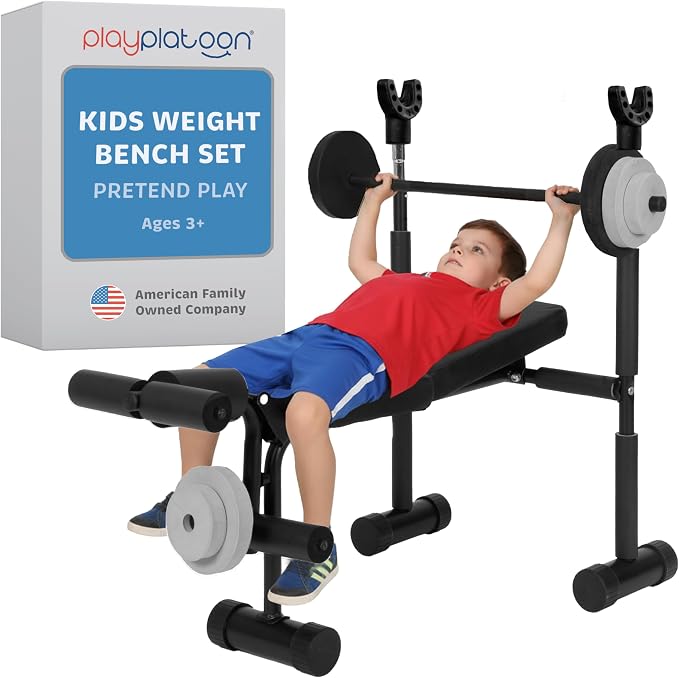 Play Platoon Kids Weight Bench Set or Squat Rack- Kids Gym Equipment for Home - Fitness Equipment for Boys - Workout and Exercise Equipment - Ages 3+