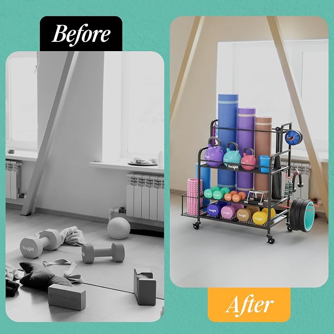 Yes4All Dumbbell Rack, Weight Rack for Home Gym, Sports Equipment Organizer for Dumbbells Kettlebells Yoga Mat Foam Roller and Balls, All in One Gym Workout Storage with Wheels and Hooks, Black