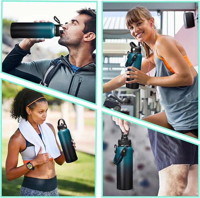 Vacuum Insulated Water Bottle 40oz - with Straw & Spout Lids, Paracord Handle, Shoulder Carrier Bag, Sport Stainless Steel,Double-Wall Metal Water Bottle Thermo Hydro Mug Flask