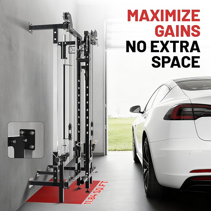 Garvee Folding Squat Rack, Wall Mounted Power Rack with Dual Independent Pulley System & Pull Up Bar, Multi-Function Power Cage with for Home Gym Space-Saving