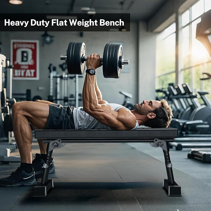 Weight Bench, Foldable Flat Bench with Gym Quality 1300 LBS Capacity | 5-Level Height, 2.5" Thick Cushion, Sturdy T-Legs, Compact Storage Flat Bench for Weight Training and Ab Exercises, Black