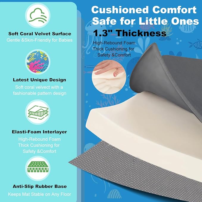 1.3" Thick Baby Play Mat for Floor, Elasti-Foam 50x50 Playpen Mat, Water Repellent Ultra Soft Coral Velvet Tummy Time Crawling Mats for Kid Toddlers Infants, Non-Slip Backing Safe for Crawling Ocean