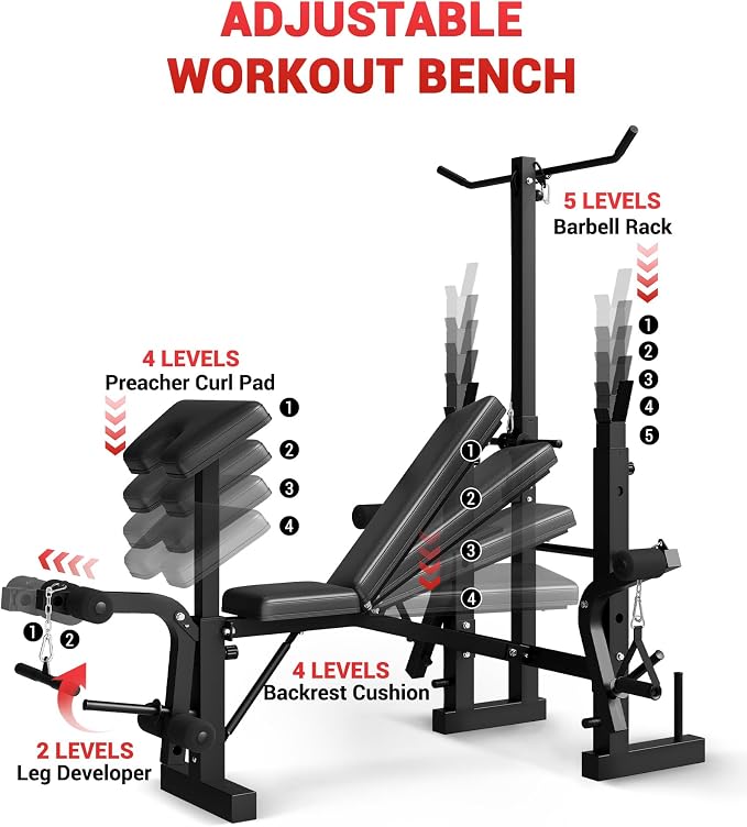 8-in-1 Weight Bench Set for Home Gym, Foldable Workout Benchs | With Preacher Curl Pad, LAT Pulldown and Leg Extension Leg Curl, Bench Press for Full Body Exercise