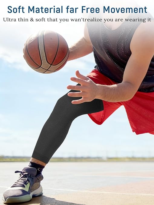 Leg Compression Sleeve, Stays in Place, Snug Fit, Pack of 1, Large | Soft Breathable Material, Upgraded Silicone Band, Mid-Thigh Knee Calf Support, Reduce Leg Soreness, Daily Wear, Workout
