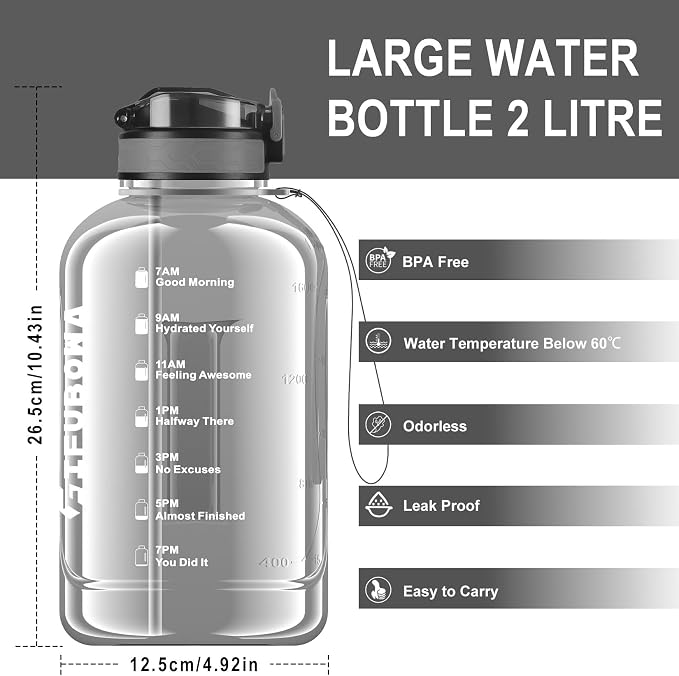 2l Water Bottle with Straw Cap Large Capacity 2 litre | BPA Free Hydration Jug with Handle and Motivational 64oz Drinking Jug