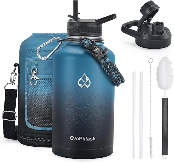 64 oz Insulated Water Bottle with Carrier Bag, Indigo Black | Stainless Steel, Vacuum Insulated Keep Cold 48 Hrs, Half Gallon Large Water Jug, For Travel, Sport, Gym, Hiking