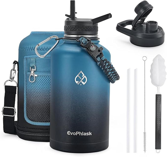 64 oz Insulated Water Bottle with Carrier Bag, Indigo Black | Stainless Steel, Vacuum Insulated Keep Cold 48 Hrs, Half Gallon Large Water Jug, For Travel, Sport, Gym, Hiking