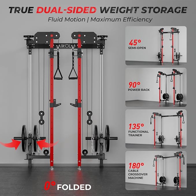 Mikolo Folding Squat Rack, Wall Mounted Power Rack with Cable Crossover Machine & LAT Pull Down, Functional Trainer with 5 Adjustable Function Modes, Home Gym Package