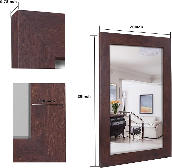 Syndra Rectangular Mirror with Frame Rustic 20x28‘’ Wall Mounted Rustic Vanity Mirror with Large Wood Frame Farmhouse Bathroom Mirror, for Bedroom, Living Room, Entryway Wall Decor(Walnut)
