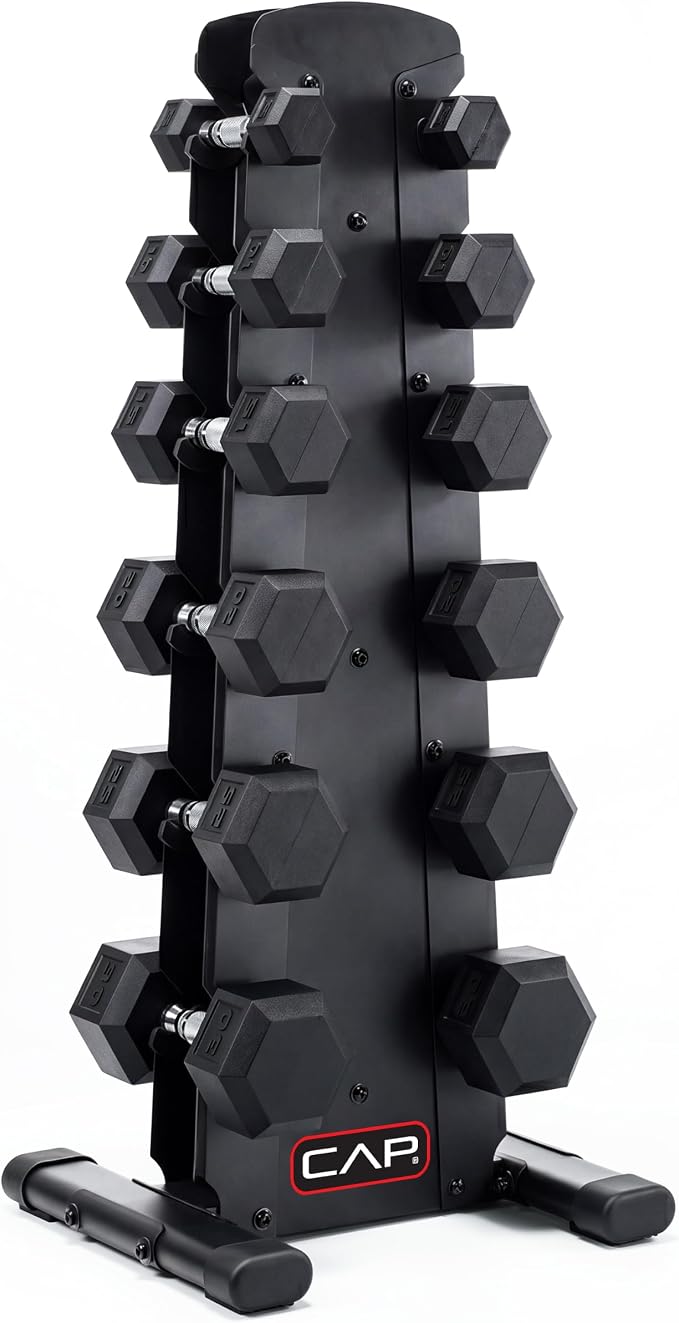 CAP Rubber Coated Hex Dumbbell Set with Storage Rack | 100–210 lb Options, Space-Saving Vertical Compact Storage for Home Gym Strength Training
