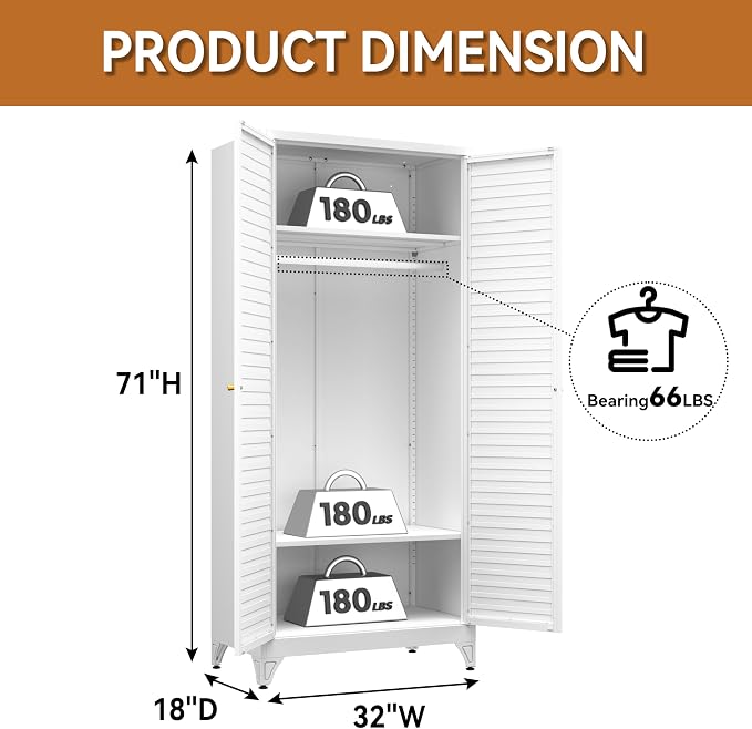 Polup Metal Armoire Wardrobe Closet with Doors, 71" Tall Wardrobe Cabinet | Heavy Duty Steel Clothing Storage Cabinet with Adjustable Shelves, Hanging Rod, for Bedroom, Office, Employee, Gym, White