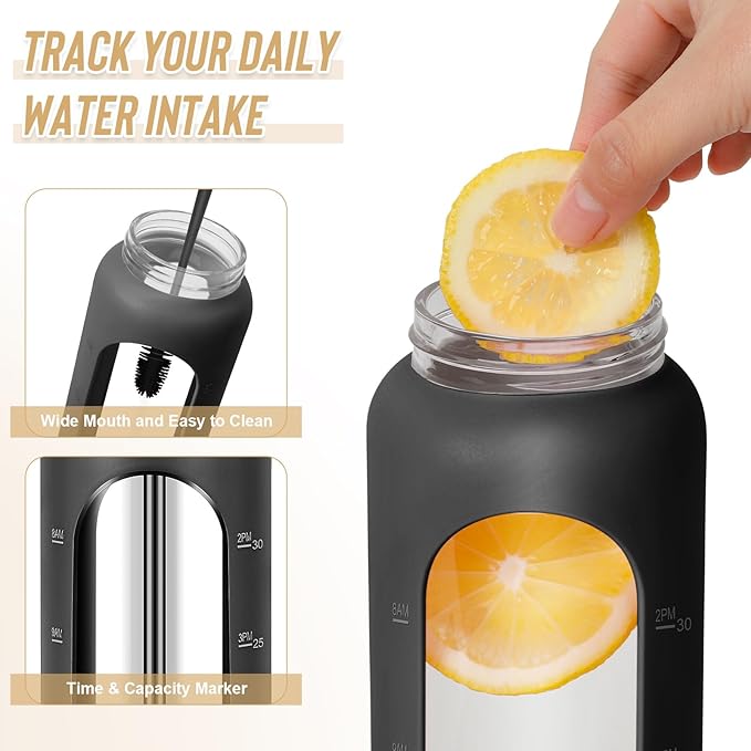 FULBEVY 32 oz Glass Water Bottles - 1 Liter Motivational Tumbler Water Bottle Time Marker - Borosilicate Glass Water Bottle With Silicone Sleeve and 2 Lids, Handle Spout & Bamboo Straw Lid (Black)