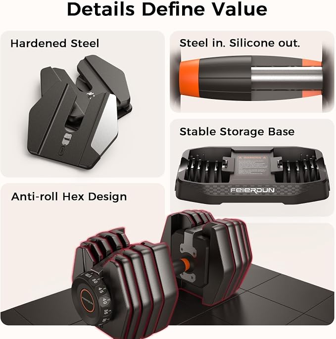 FEIERDUN DB1 QuickDial Adjustable Dumbbell Set, 15-in-1 Adjustable Weights with Storage Box & App, 105lb/52.5lb Quick Change for Drop Set, Superset & HIIT Home Gym, Non-Slip Handles, 3-year Aftersale Service