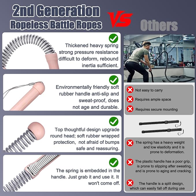 2nd Gen Ropeless Battle Ropes for Home Gym, Heavy Duty Portable Cordless Battle Ropes with Integrated Spring (No Screws), Weighted Exercise Rope for Men & Women, HIIT Workout Equipment